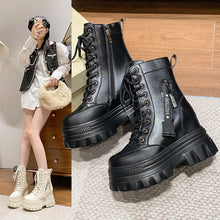 Load image into Gallery viewer, Women's High-Top Ankle Boots | Chunky Heel Side Zipper Lace-Up | Non-Slip Rubber Sole | Black &amp; Beige