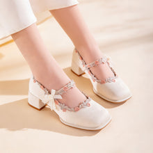 Load image into Gallery viewer, Women's Oriental Jacquard Satin Mary Jane Heels | Embroidered Lace Pearl Square Toe