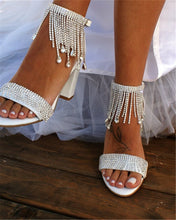 Load image into Gallery viewer, Women's Rhinestone Chunky Heel Sandals | Chain Strap Peep Toe Heels