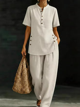 Load image into Gallery viewer, Three-Quarter Sleeve Shirt &amp; Wide-Leg Pants Two-Piece Set – Solid Color Casual