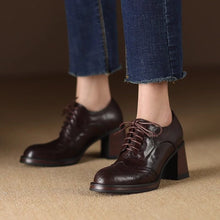 Load image into Gallery viewer, Women's British-Style Round-Toe Chunky Heel Pumps | Cross-Tie Strap Dress Shoes