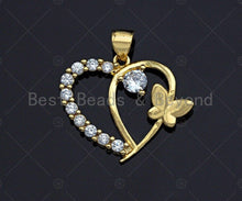 Load image into Gallery viewer, 18K Gold Butterfly On Heart Shape Pendant,Heart Charm, Heart Pave Pendant, Gold plated, 19x22mm, Sku#LK52