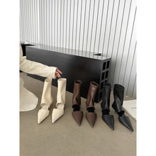 Load image into Gallery viewer, Women's French-Style Pointed-Toe Stiletto Boots - Mid-Calf Hollow-Out Design Stretchy PU Leather