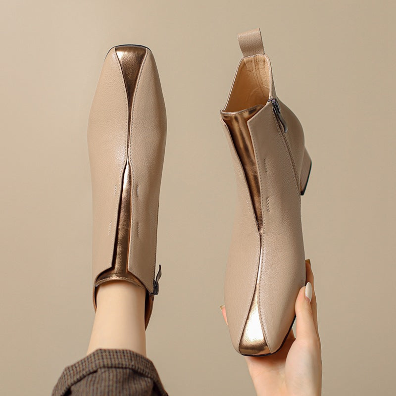 Women's Retro Square-Toe Sheepskin Ankle Boots | Chunky Heel Side-Zip