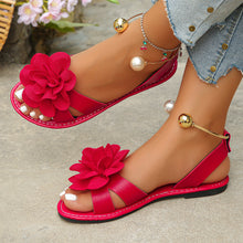 Load image into Gallery viewer, Women's Pearl Strap Flat Sandals - Elegant Open Toe Summer Sandals with Floral Design