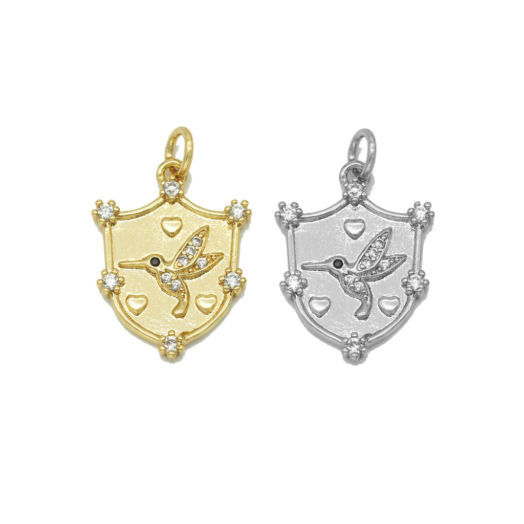 CZ Bird On Gold Shield Charm, Sku#F1495
