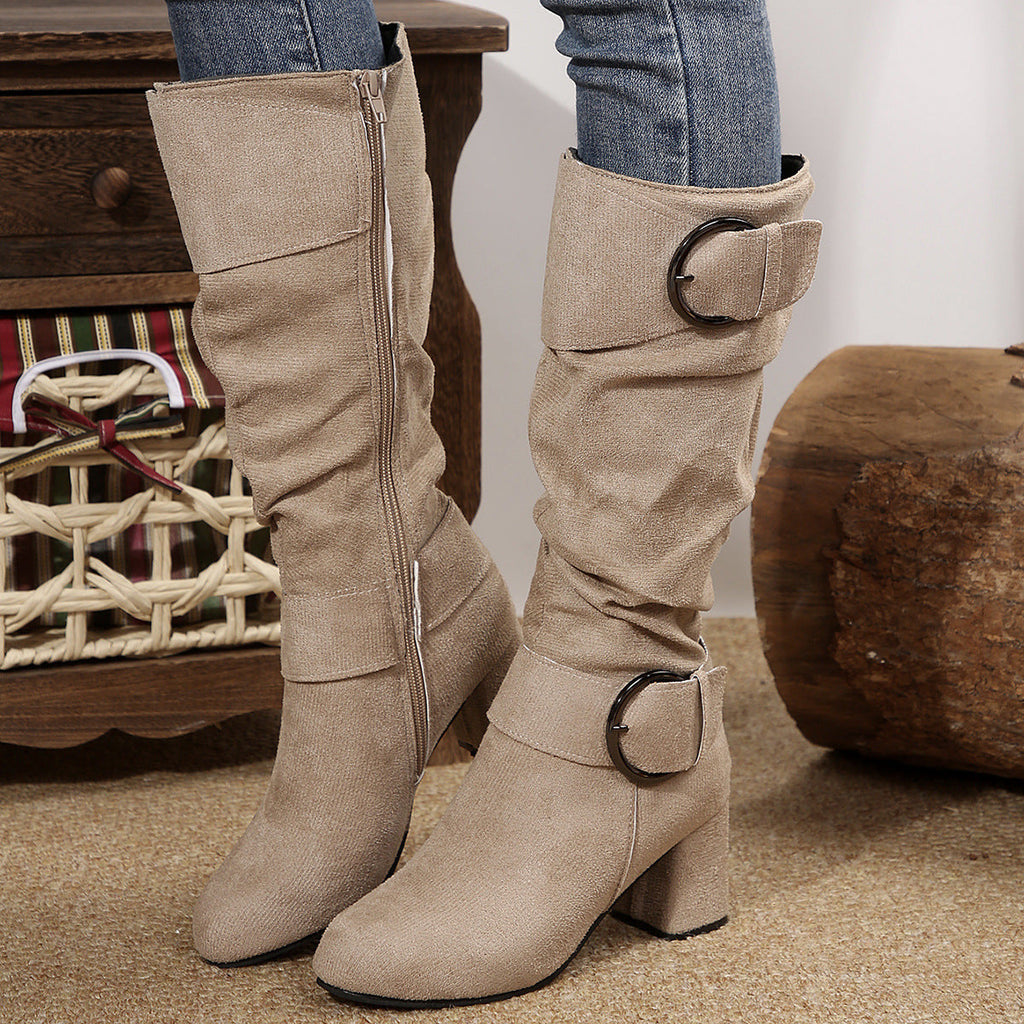 Women's Belt Buckle Chunky Heel Mid-Calf Boots | Suede Pointed Toe Fall Winter
