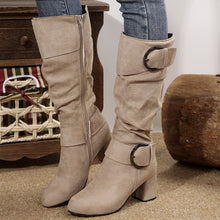 Load image into Gallery viewer, Women's Belt Buckle Chunky Heel Mid-Calf Boots | Suede Pointed Toe Fall Winter