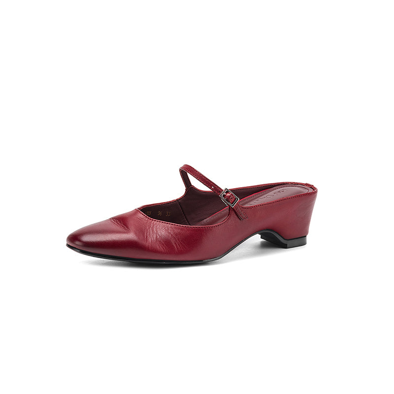 Women's Full Grain Leather Mary Jane Mules | Low Heel Square Toe Slide Sandals