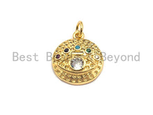 Load image into Gallery viewer, CZ Colorful Micro Pave Round  Gold With Evil Eye Coin Pendant, Coin Shaped Pave Pendant, Gold plated, 15x17mm, Sku#F866