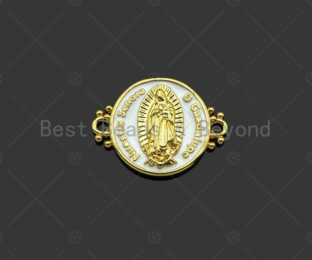 Gold Filled White Enamel Virgin Mary On Round Coin Shape Connector, 18K Gold Filled Enamel Link, Enamel Jewelry, 22x17mm,Sku#LD108