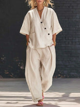 Load image into Gallery viewer, V-Neck Short Sleeve Top &amp; High-Waist Trousers Two-Piece Set