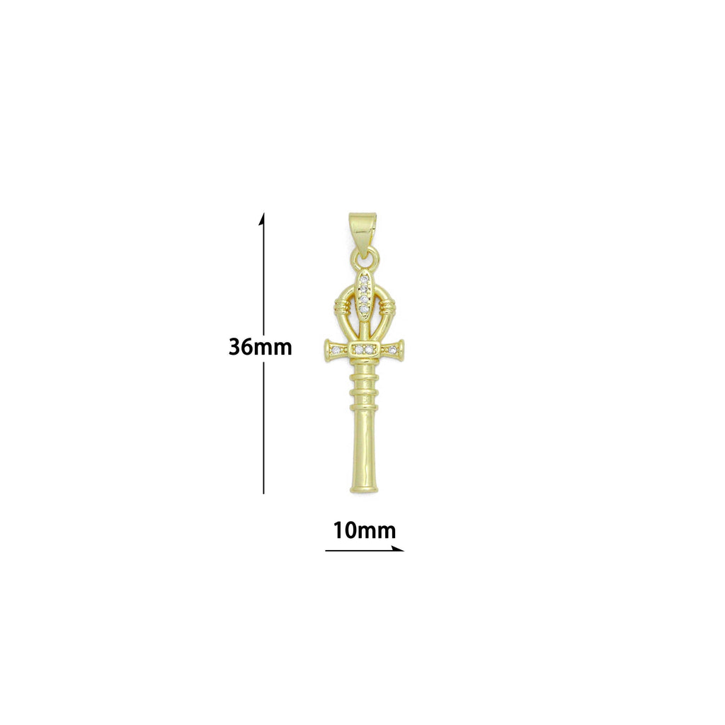 Clear CZ Gold Magic Stick Cross Key Charm Pendant, Sku#LK1164