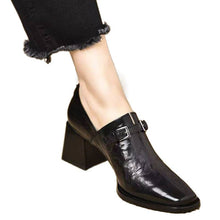 Load image into Gallery viewer, Women's Square Toe Wedge Buckle Boots – Leather High-Top Dress Shoes | Black &amp; Dark Brown