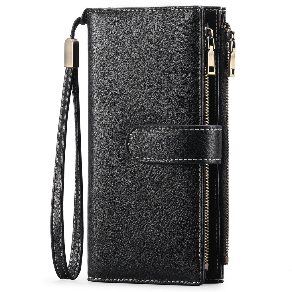 Women's Vintage Tri-Fold Wallet with RFID Protection - Oil Wax Leather Long Purse