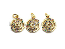 Load image into Gallery viewer, CZ Colorful Micro Pave Rose Flower Pendant, Rose Shaped Pave Pendant, Gold plated, 13x16mm, Sku#F839