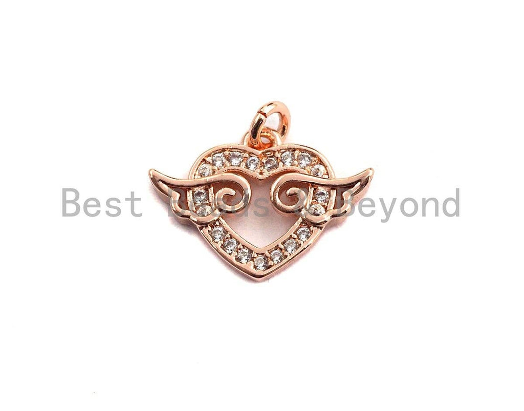 CZ Micro Pave Heart With Wings Shaped Pendant/Charm, Cubic Zirconia Pendant Charm,11x15mm,sku#F922