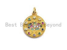 Load image into Gallery viewer, CZ Colorful Micro Pave Round  Gold With Evil Eye Pendant, Coin Shaped Pave Pendant, Gold plated, 15x17mm, Sku#F867