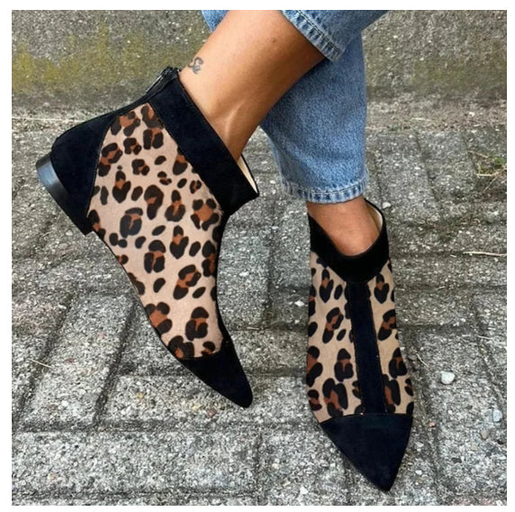 Women's Leopard Print Pointed-Toe Low Heel Shoes | Suede Back-Zip Casual Flats