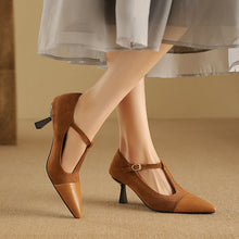 Load image into Gallery viewer, Elegant T-Strap Pointed Toe Stacked Heel Pumps