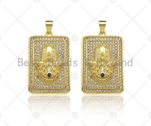 Load image into Gallery viewer, CZ Micro Pave Hamsa Hand On Rectangle Shape Pendant/Charm,Cubic Zirconia Medallion Charm, Necklace Bracelet Charm Pendant,18x28mm, Sku#LK219