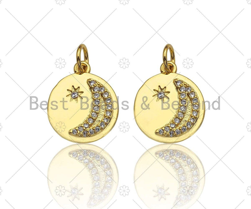 Dainty Shiny Gold Moon Star Round Coin Charms, Dainty Charms, Godl Coin Charm, Gold Pendant, 12x14mm, Sku#LK118