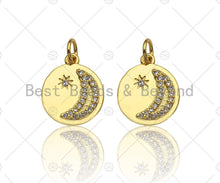 Load image into Gallery viewer, Dainty Shiny Gold Moon Star Round Coin Charms, Dainty Charms, Godl Coin Charm, Gold Pendant, 12x14mm, Sku#LK118