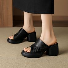 Load image into Gallery viewer, Women's Ruched Block Heel Slides | Open-Toe Lambskin Leather Mules