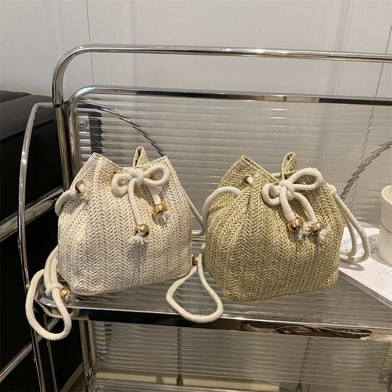Women's Woven Straw Bucket Bag - Casual Crossbody Shoulder Bag with Adjustable Strap