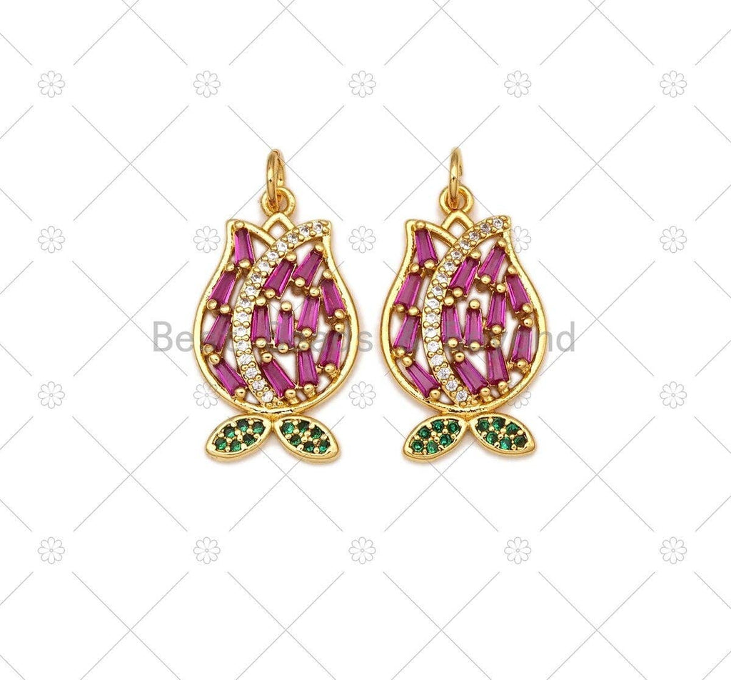 Fuchsia CZ Micro Pave Tulip Flower with Green CZ Leaf Shape Pendant,18K Gold Filled Charm, Necklace Bracele Pendant, 23x14mm, Sku#LK468