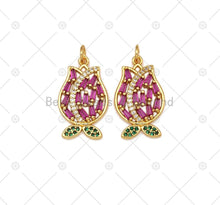 Load image into Gallery viewer, Fuchsia CZ Micro Pave Tulip Flower with Green CZ Leaf Shape Pendant,18K Gold Filled Charm, Necklace Bracele Pendant, 23x14mm, Sku#LK468