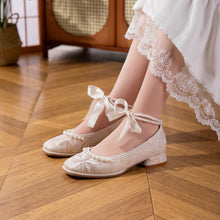 Load image into Gallery viewer, Women's Jacquard Mary Jane Low Heel Shoes | Pearl Ribbon Bow Square Toe Wedding Flats