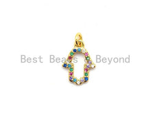 Load image into Gallery viewer, Cute CZ Colorful Micro Pave Hollow Hamsa Hand Pendant, Hamsa Hand Shaped Pave Pendant, Gold plated, 9x12mm, Sku#F733