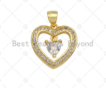 Load image into Gallery viewer, 18K Gold Heart with Dangle Diamond Pendant, Heart Charm, Gold Heart Pave Pendant, Gold plated, 16mm, Sku#LK59