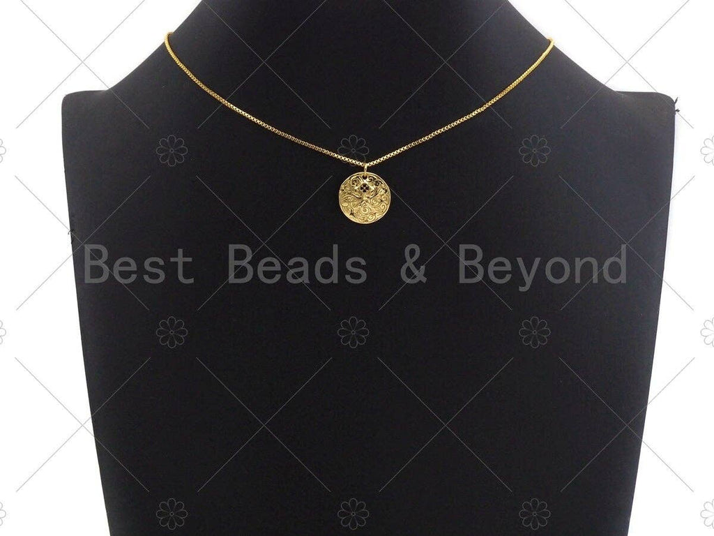 18K Gold Medallion Round Coin with Black Pave Flower Charm, Brass Medallion, Coin Charm, Pave Charm, 17mm, Sku#LK20