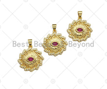 Load image into Gallery viewer, Fuchsia CZ Micro Pave 18k Gold Evil Eye On Sunflower Pendant, Cubic Zirconia Medallion Pendant,CZ Micro Pave Pendant,22x23mm, Sku#LK212