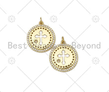 Load image into Gallery viewer, CZ Micro Pave Hollow Out Cross On Round Shape Pendant,18K Gold Filled Medallion Charm, Necklace Bracelet Charm Pendant, 23x20mm,Sku#LK416