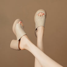 Load image into Gallery viewer, Women's Ruched Block Heel Slides | Open-Toe Lambskin Leather Mules