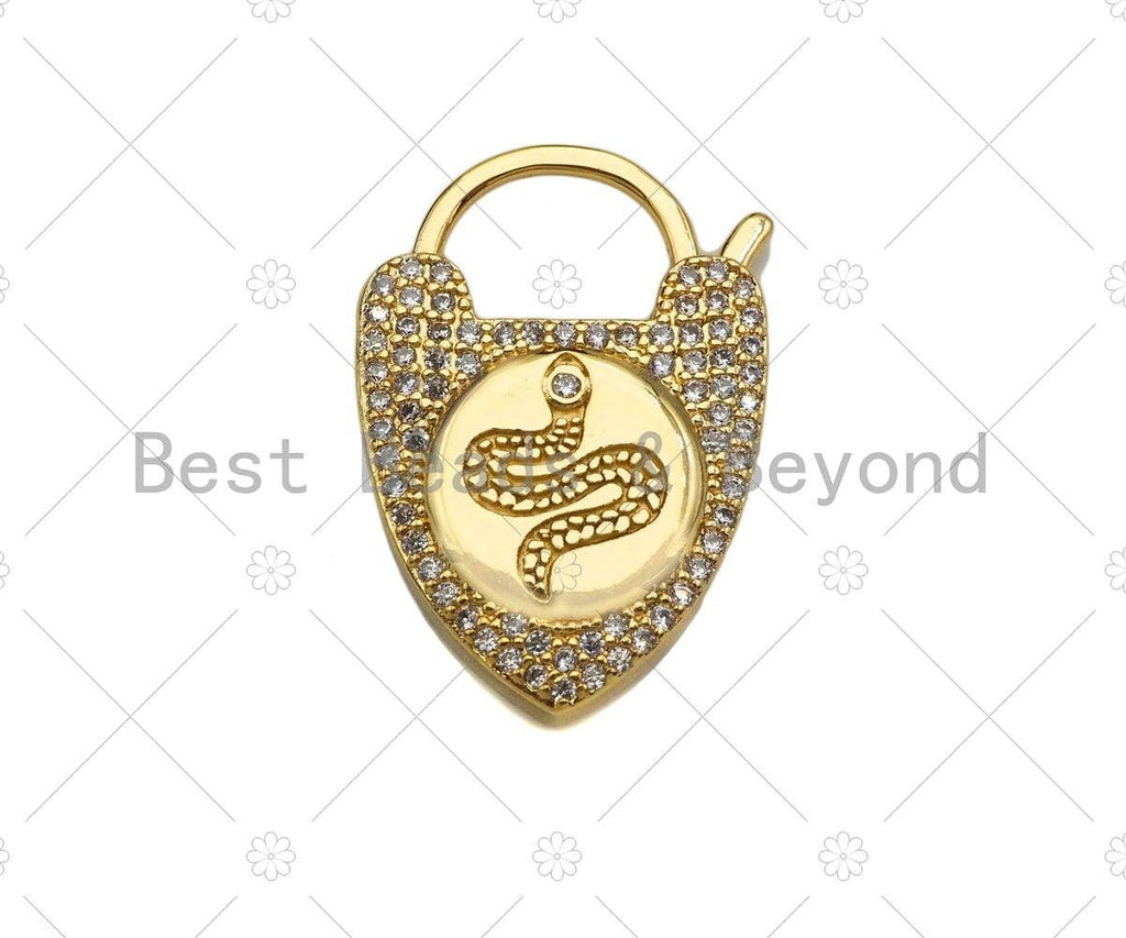 CZ Micro Pave Snake Padlock Heart Clasp Charms, Snake CZ On Padlock Clasp, Gold snake lock, Padlock Necklace Charms, 17x25mm, Sku#K163