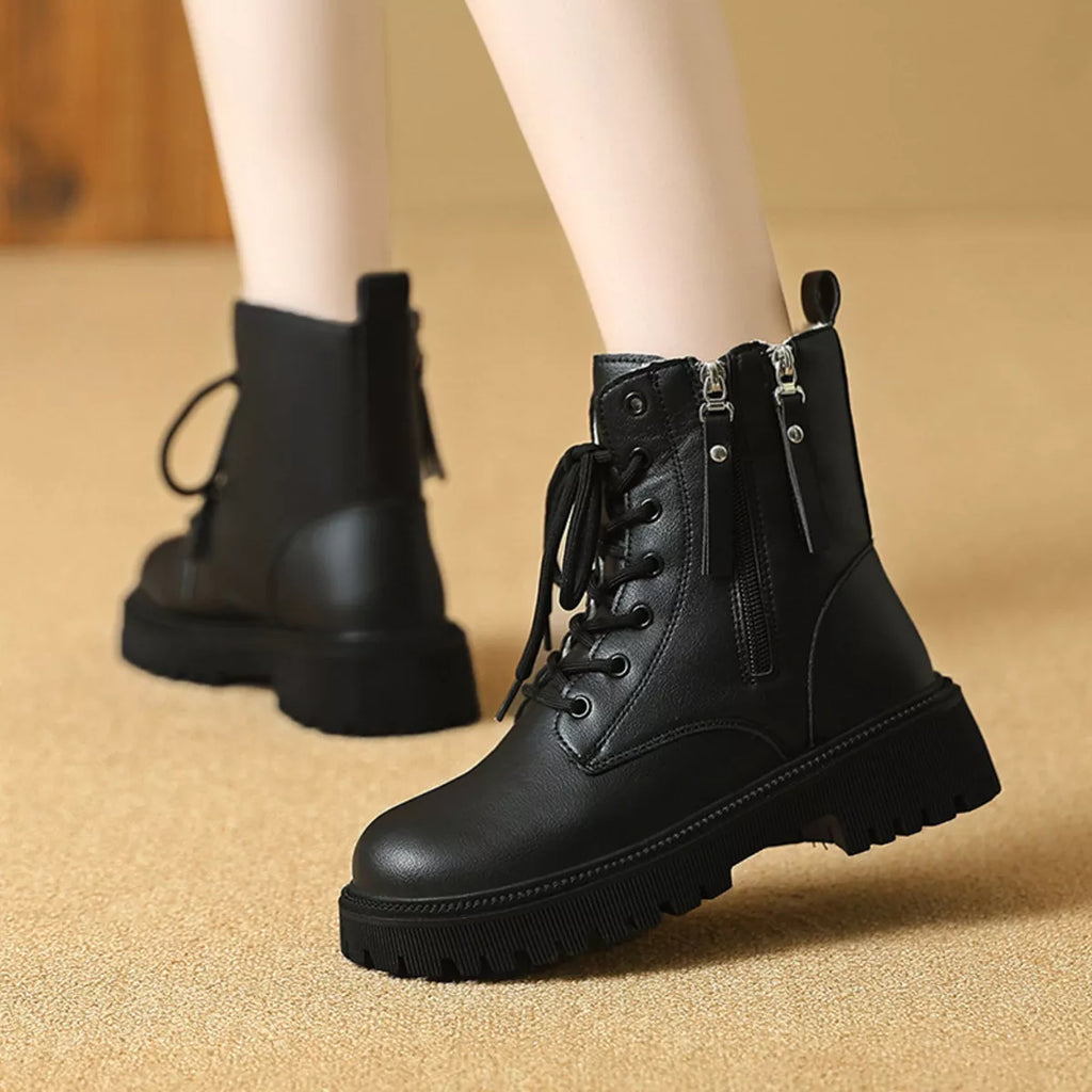 Women's Lace-Up Ankle Combat Boots – Mid Heel PU Leather