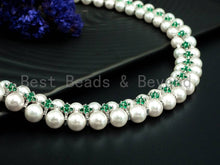 Load image into Gallery viewer, Green Cubic Zirconia&amp; Mother of pearl necklace and bracelet set, Pearl Jewelry set, Bridal Jewelry, Double Strand Statement Jewelry, SKU#P17