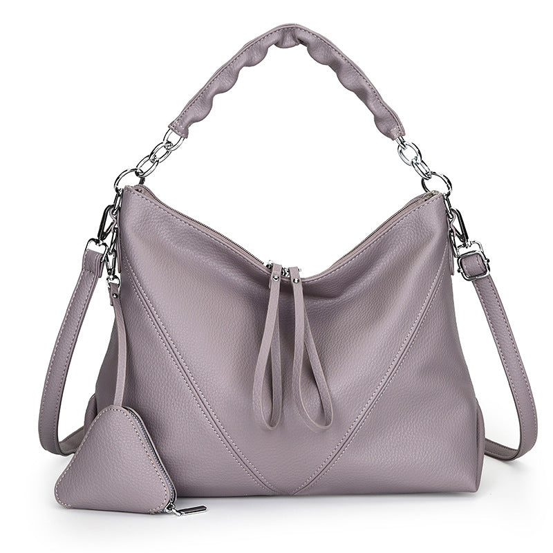 Women's Genuine Leather Chain Shoulder Crossbody Bag with Triangle Pouch