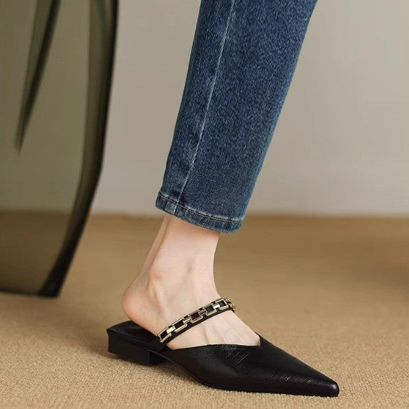 Women's Chain Strappy Pointed-Toe Flat Sandals | Low Heel Microfiber Dress Sandals