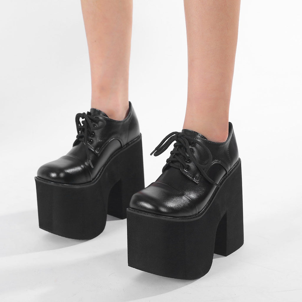 Women's Round-Toe Waterproof Platform Chunky-Heel Lace-Up Shoes | Black PU Leather