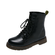 Load image into Gallery viewer, Women's Chunky Lace-Up Dr Martens-Style Boots – Round Toe, Mid-Heel, Black PU Leather