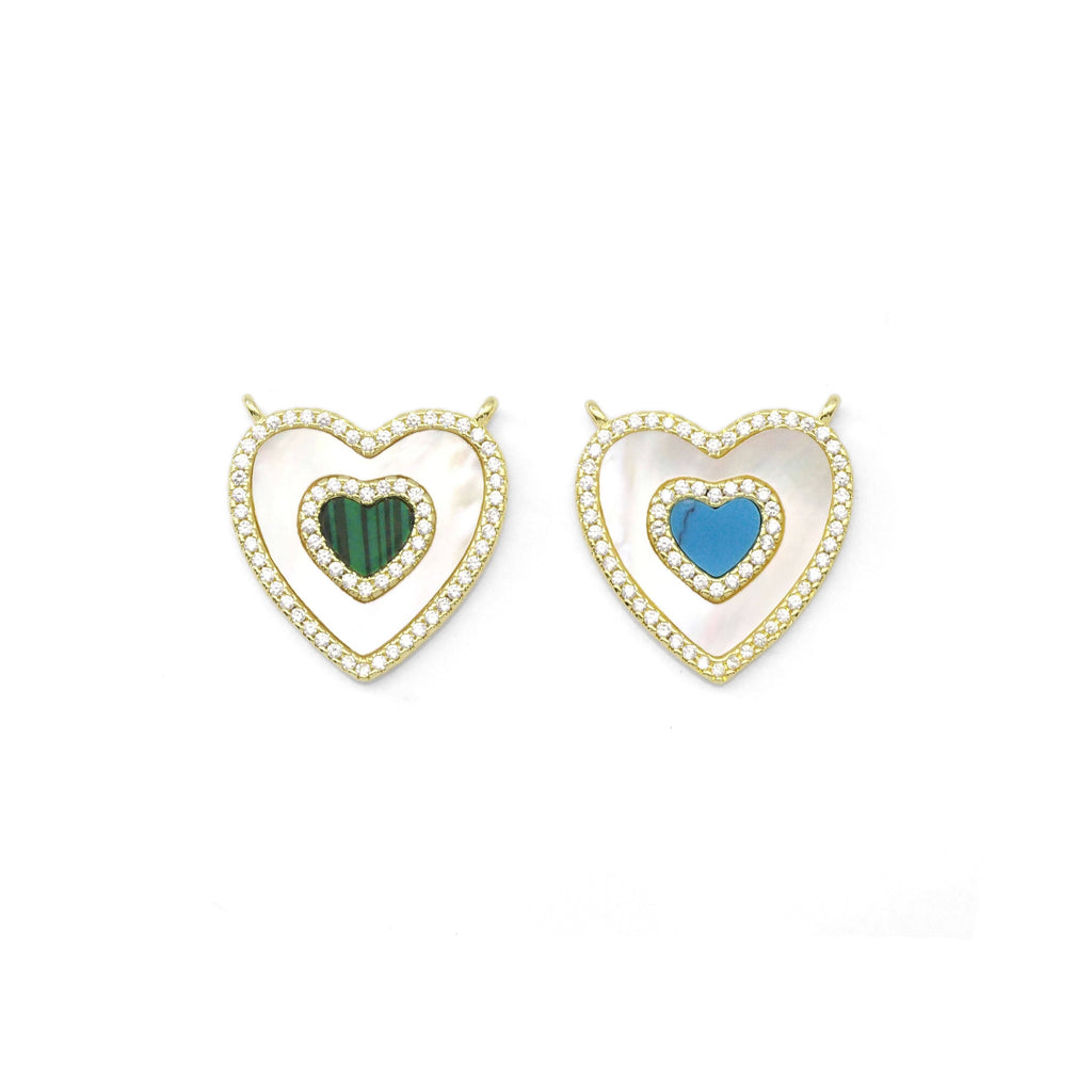 CZ Gold Mother of Pearl Turquoise Malachite Heart  Charm, Sku#LX329