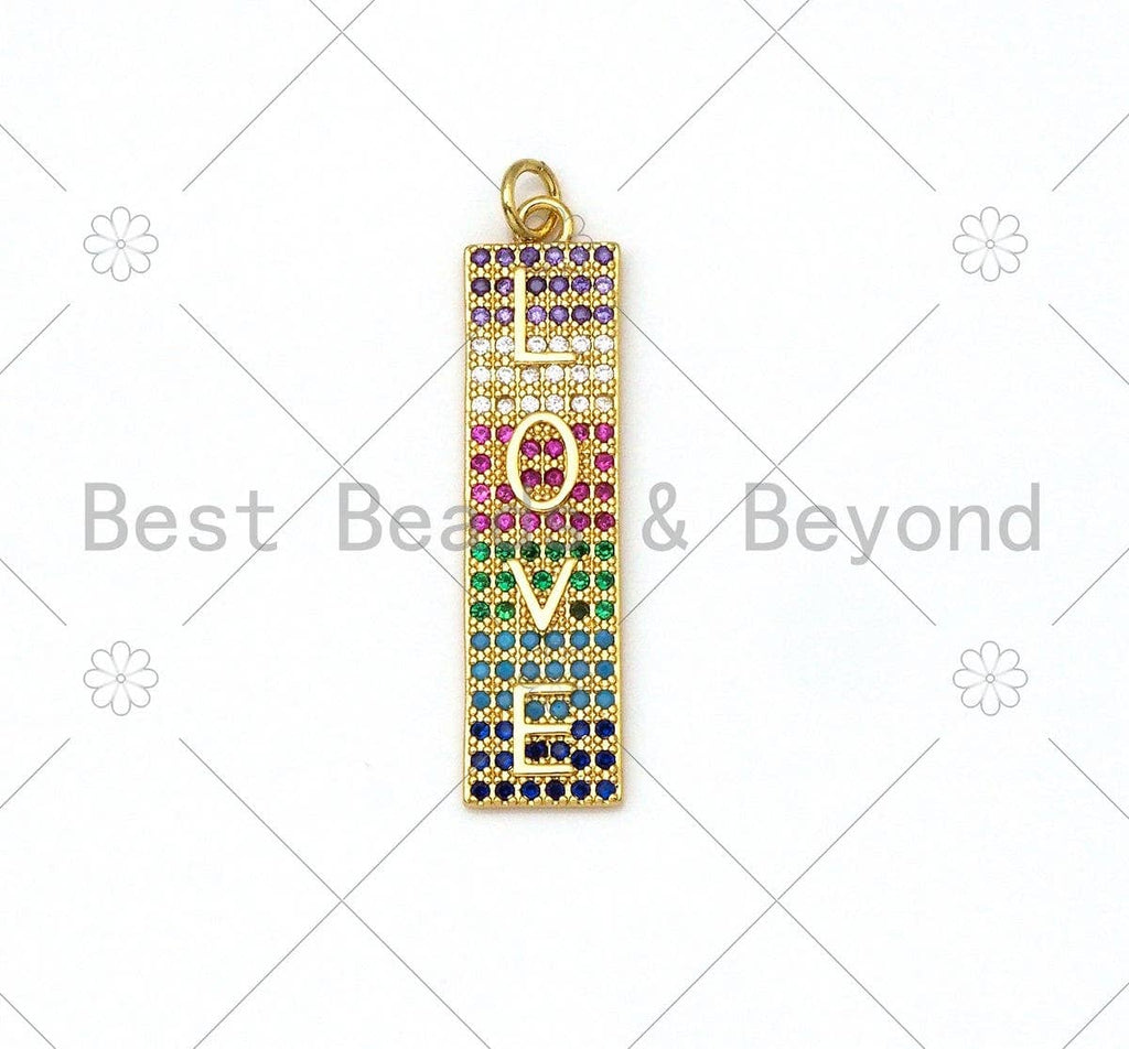 Colorful CZ Micro Pave Love Word On Long Rectangle Bar Shape Pendant, 18K Gold Filled Love Charm, Necklace Bracelet Pendant,9x37mm,Sku#LD137