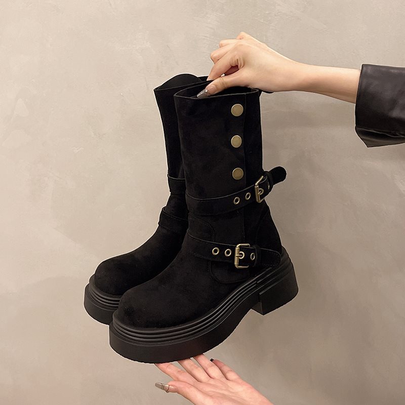 Women's Matte Suede Block Heel Boots – British Style Mid-Calf Slip-On with Thick Non-Slip Sole