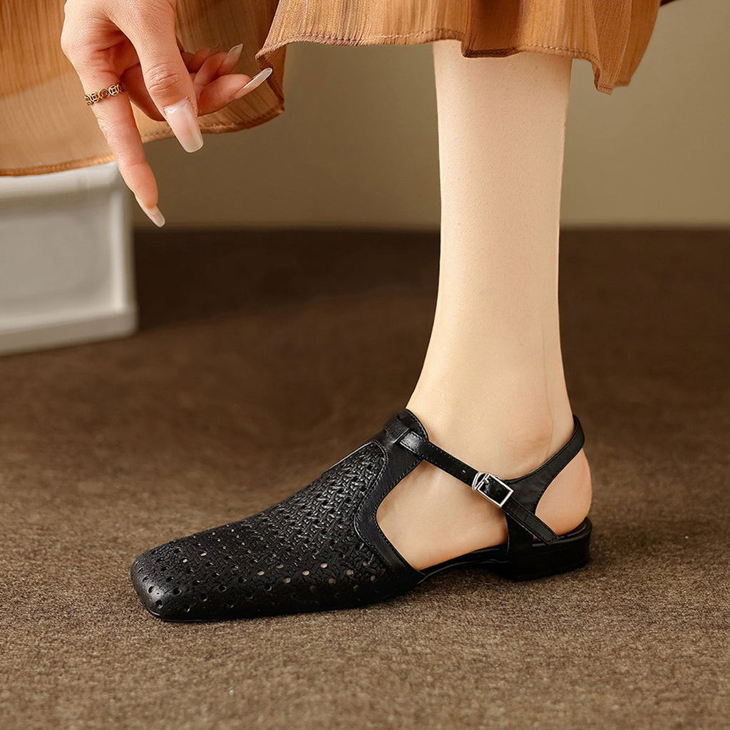 Women's Perforated Leather Slingback Sandals | T-Strap Closed-Toe Flat Shoes