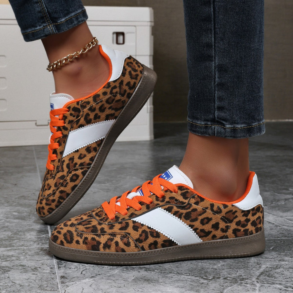 Women's Leopard Print Casual Sneakers - Mid-Cut Lace-Up Flat Shoes with Rubber Sole